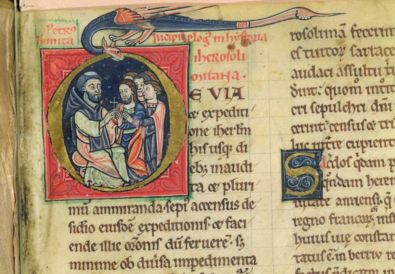Lat 5128 f.1 Pedro, o Eremita, distribui cruzes, de "História de Jerusalém..." do monge Roberto (velino) de French School