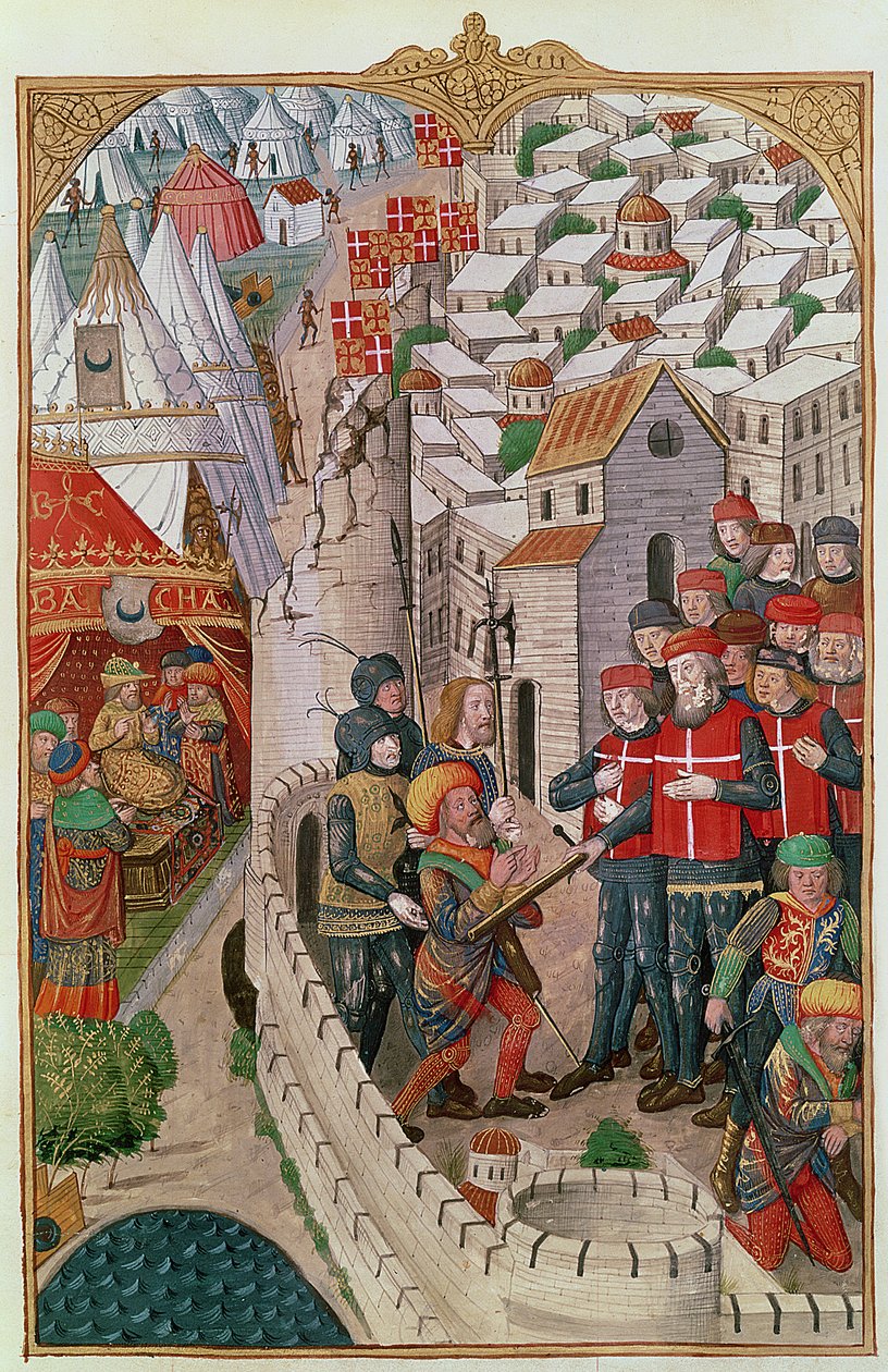 Lat 6067 f.39 A execução dos dois turcos que se haviam infiltrado em Rhodes e conspiraram para envenenar o comandante da guarnição em 1480, de A History of the Siege of Rhodes, de Guillaume Caoursin, 148 de French School