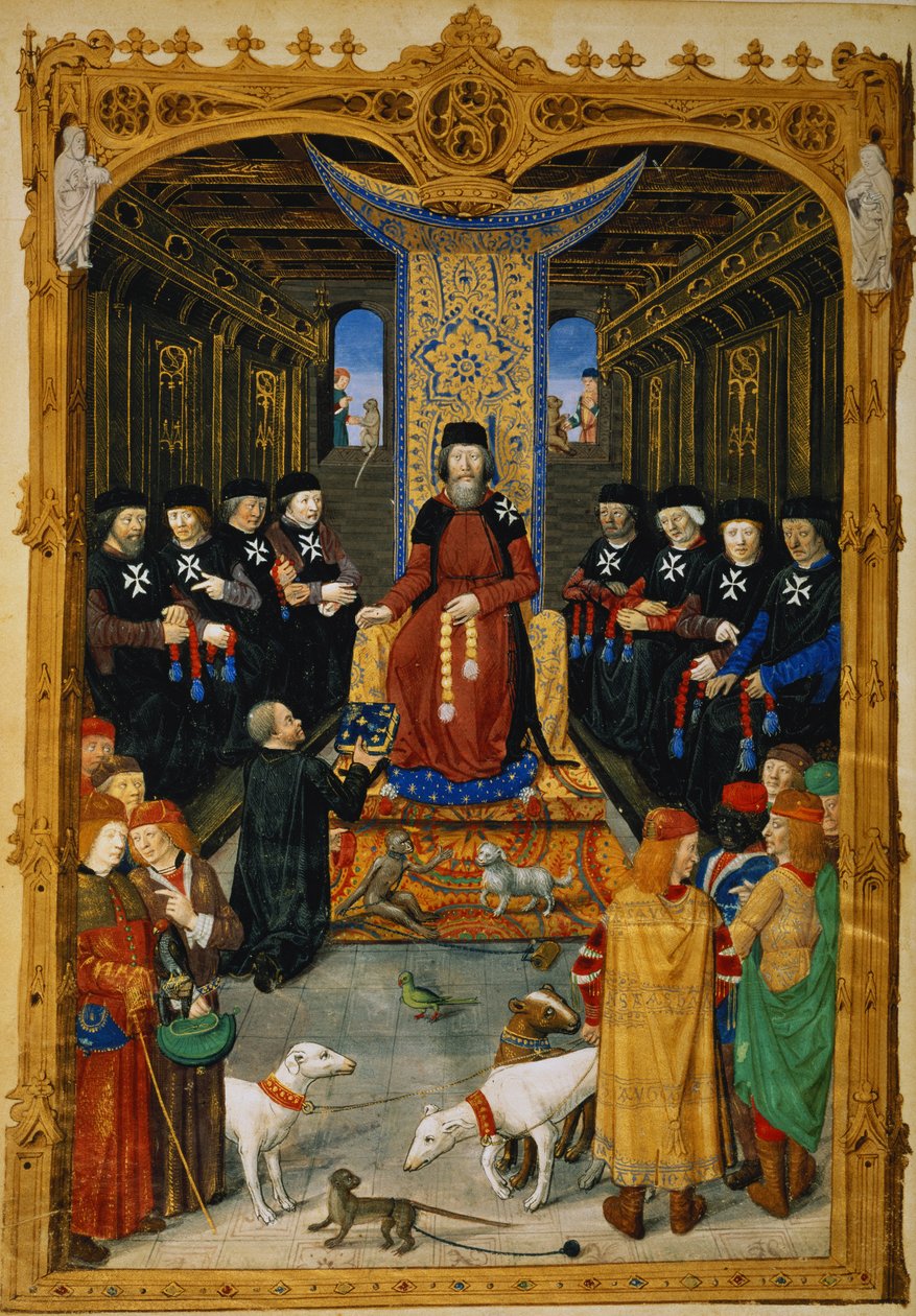 Lat 6067 f.3v O autor dedicando seu livro a Pierre dAubusson, grão-mestre da Ordem de São João de Jerusalém, de A History of the Siege of Rhodes, de Guillaume Caoursin, 1483 de French School