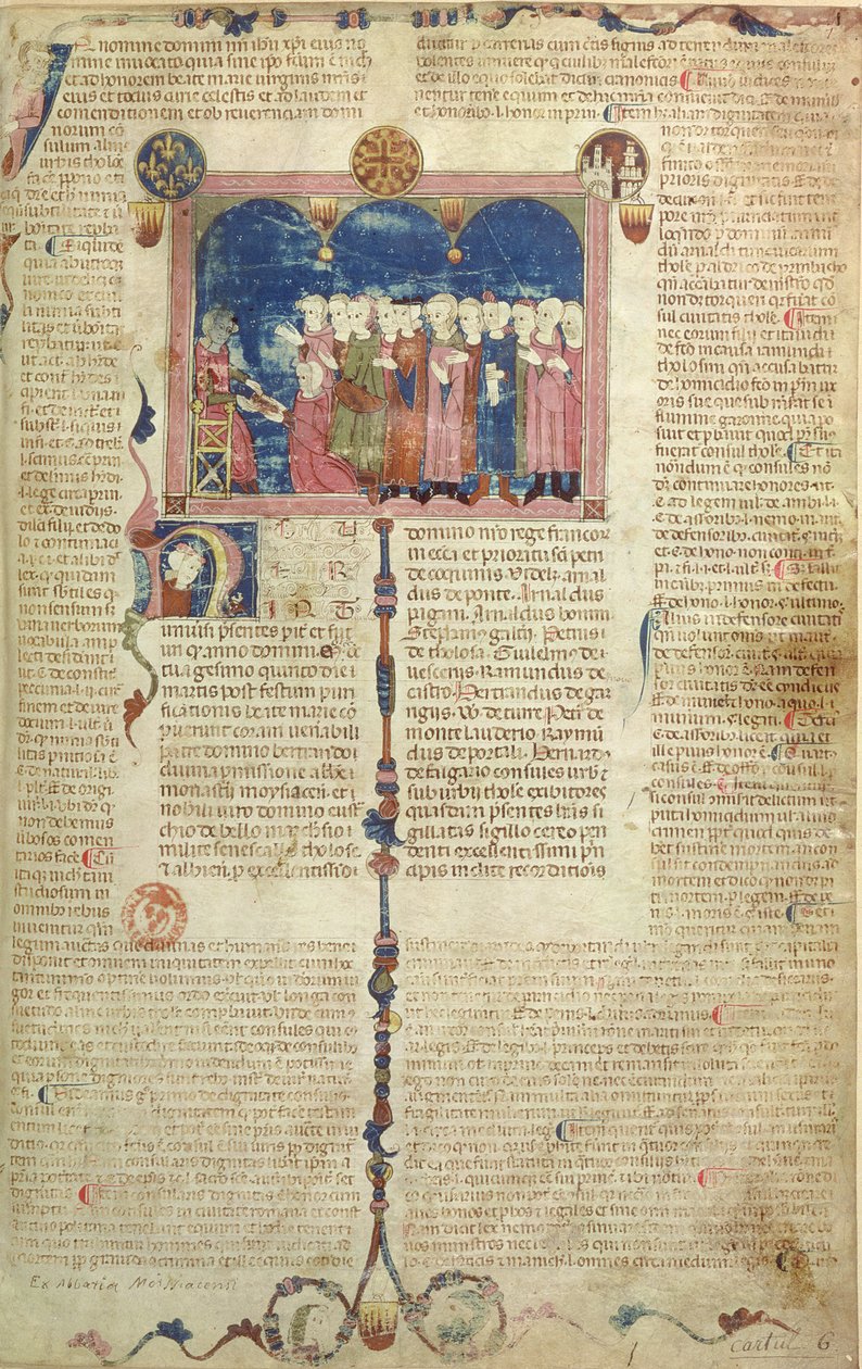 Lat 9187 f.1 O autor apresentando o livro, de Coutumes de Toulouse, 1296 de French School