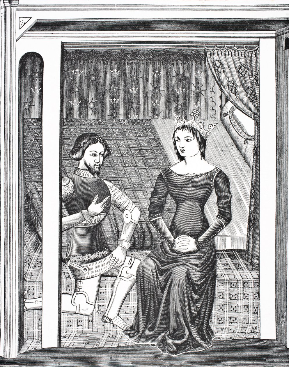 Launcelot e Guinevere, depois de uma miniatura de um manuscrito do século XIV, de Science and Literature in The Middle Ages, de Paul Lacroix pub. Londres 1878 de French School