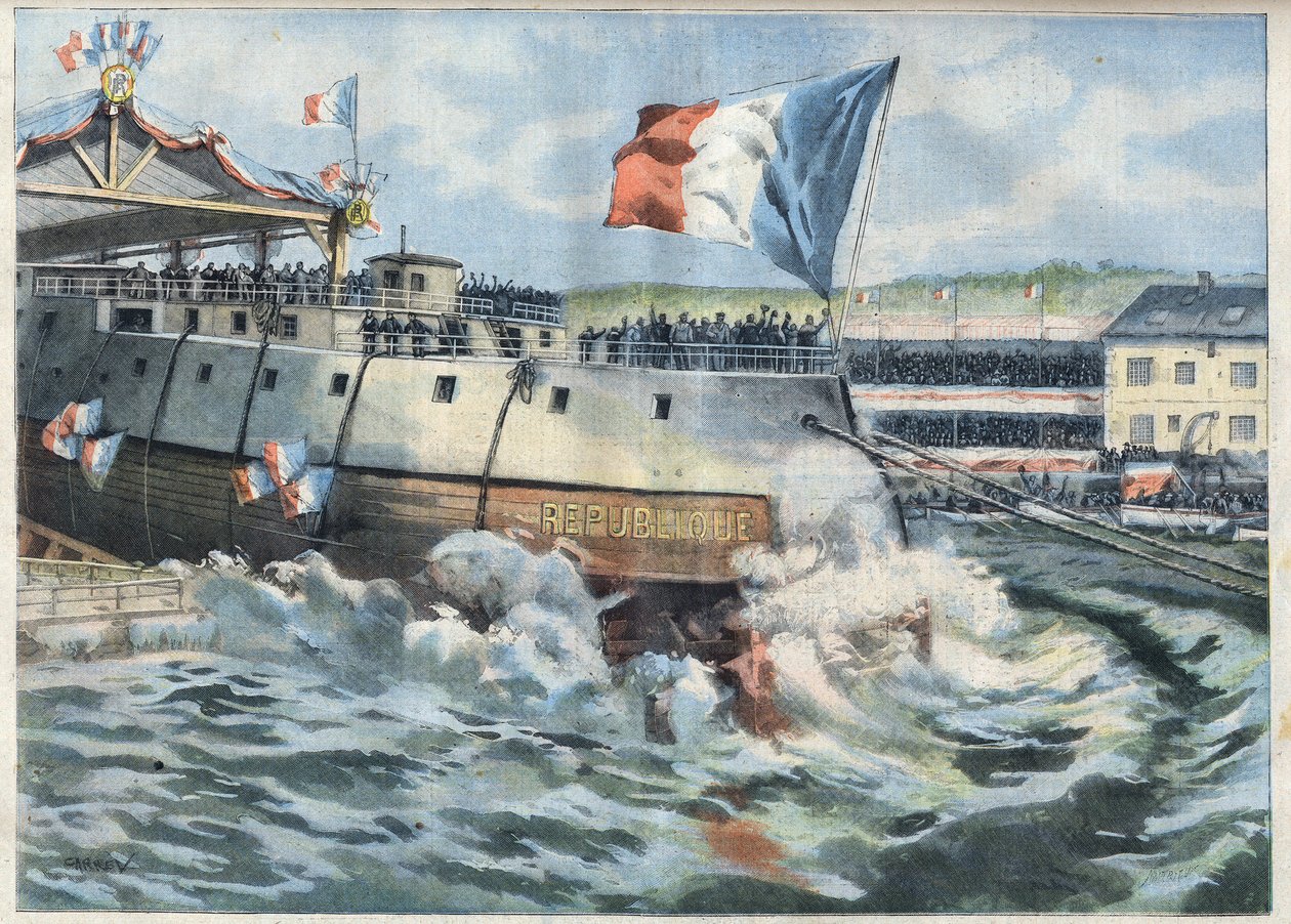 Lançamento da Cuirasse "Republique" em Brest, França. Gravação em "Le Petro Parisien". de French School