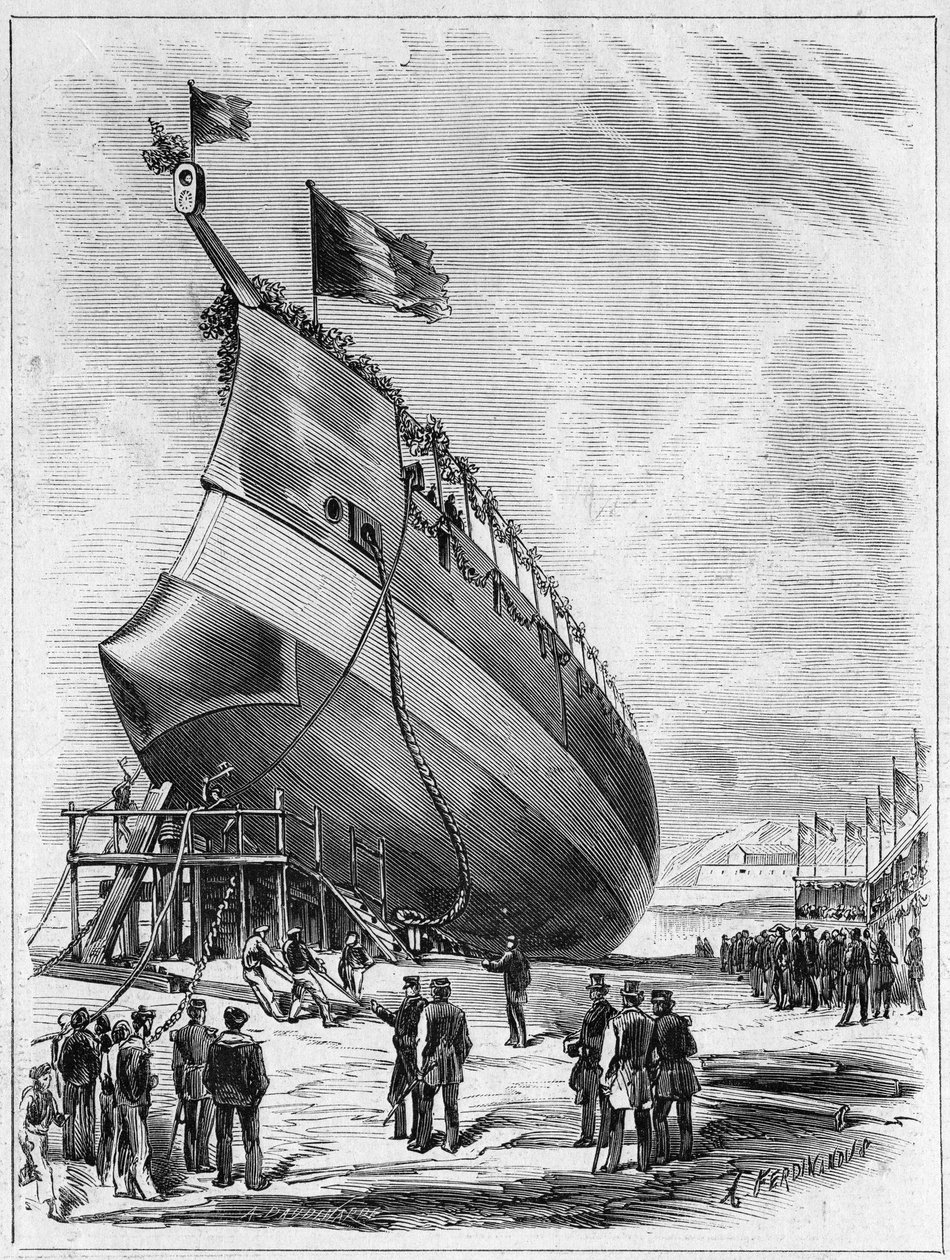 Lançamento do navio blindado "La Galissonniere", 7 de Maio de 1872 no porto de Brest, Finistere (29). Gravação no "Le Monde Illustré" n°789 de 25 de Maio de 1872. de French School