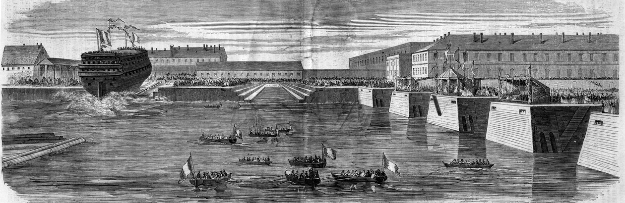 O lançamento do navio tem três pontes, a "Cidade de Nantes". Cherbourg, Manche (50) de French School