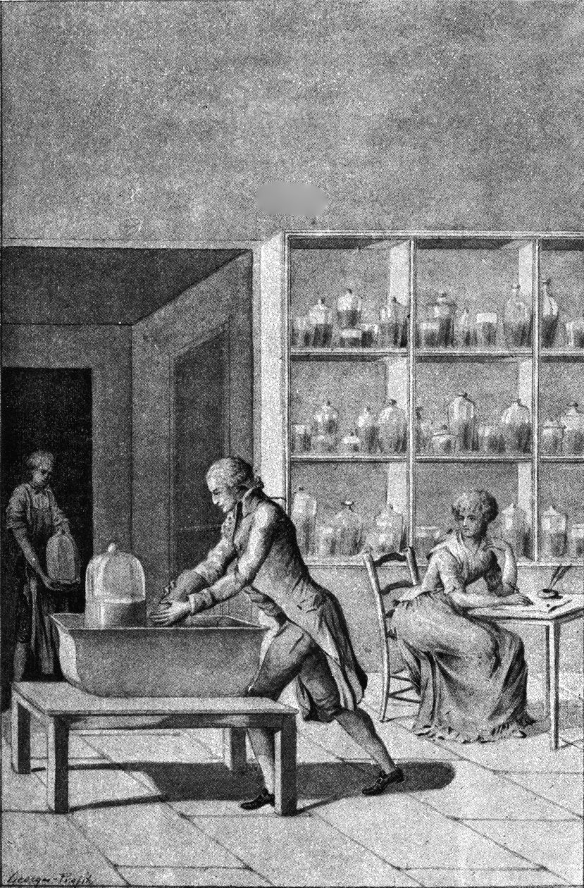 Lavoisier em seu laboratório no Arsenal, demonstrando um experimento sobre respiração, século XVIII de French School