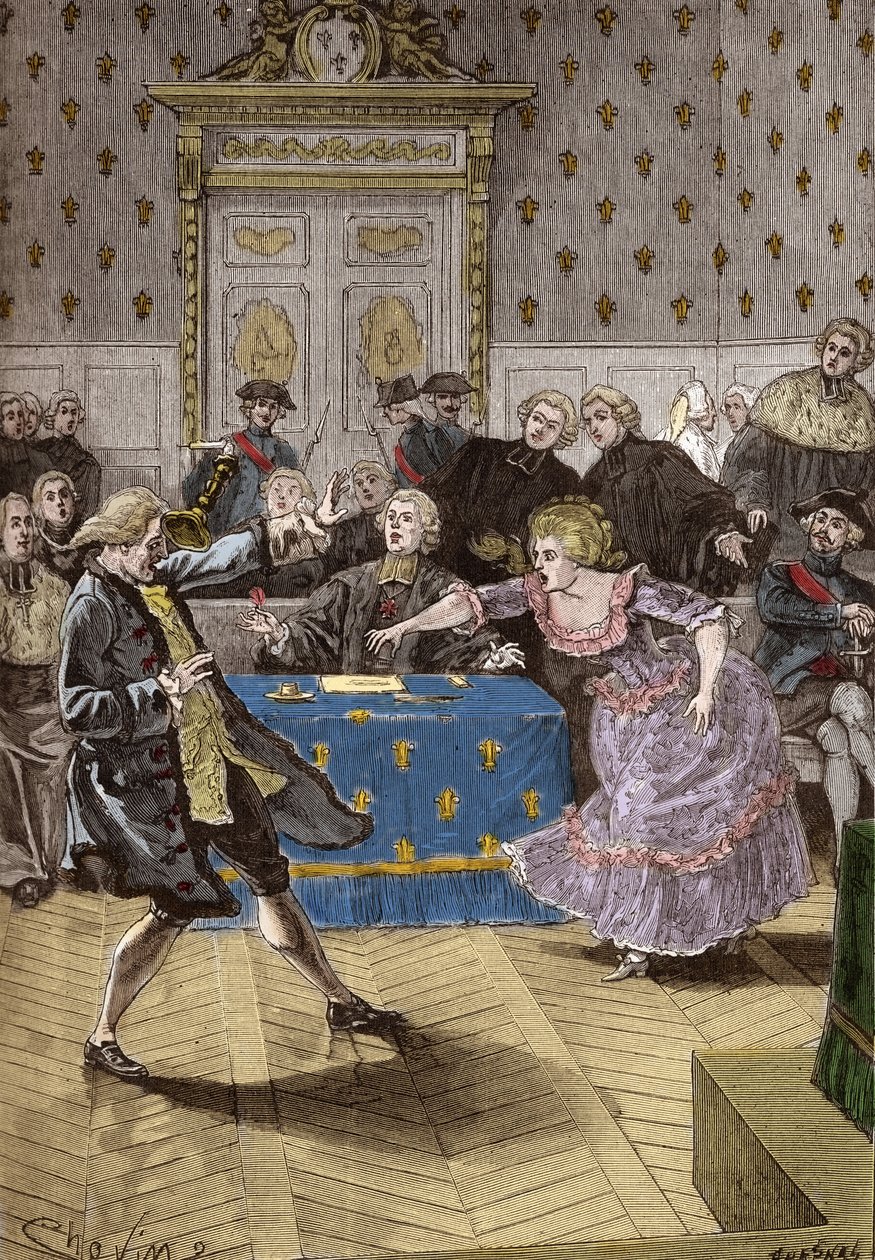Processo do Caso do Colar da Rainha Maria Antonieta - Diante do Parlamento de Paris, Cagliostro empurra longe demais a falsa condessa de Lamotte-Valois, uma intrigante que enganou o cardeal de Rohan. 31 de maio de French School