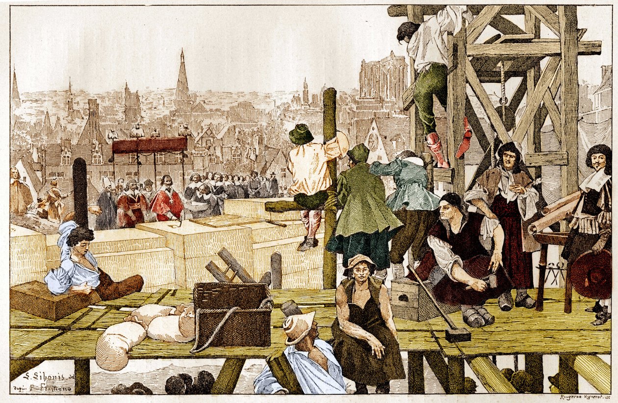Lançamento da primeira pedra da Sorbonne, pelo Cardeal Richelieu, na presença do arco de Rouen François du Harlay, no século XVII. de French School
