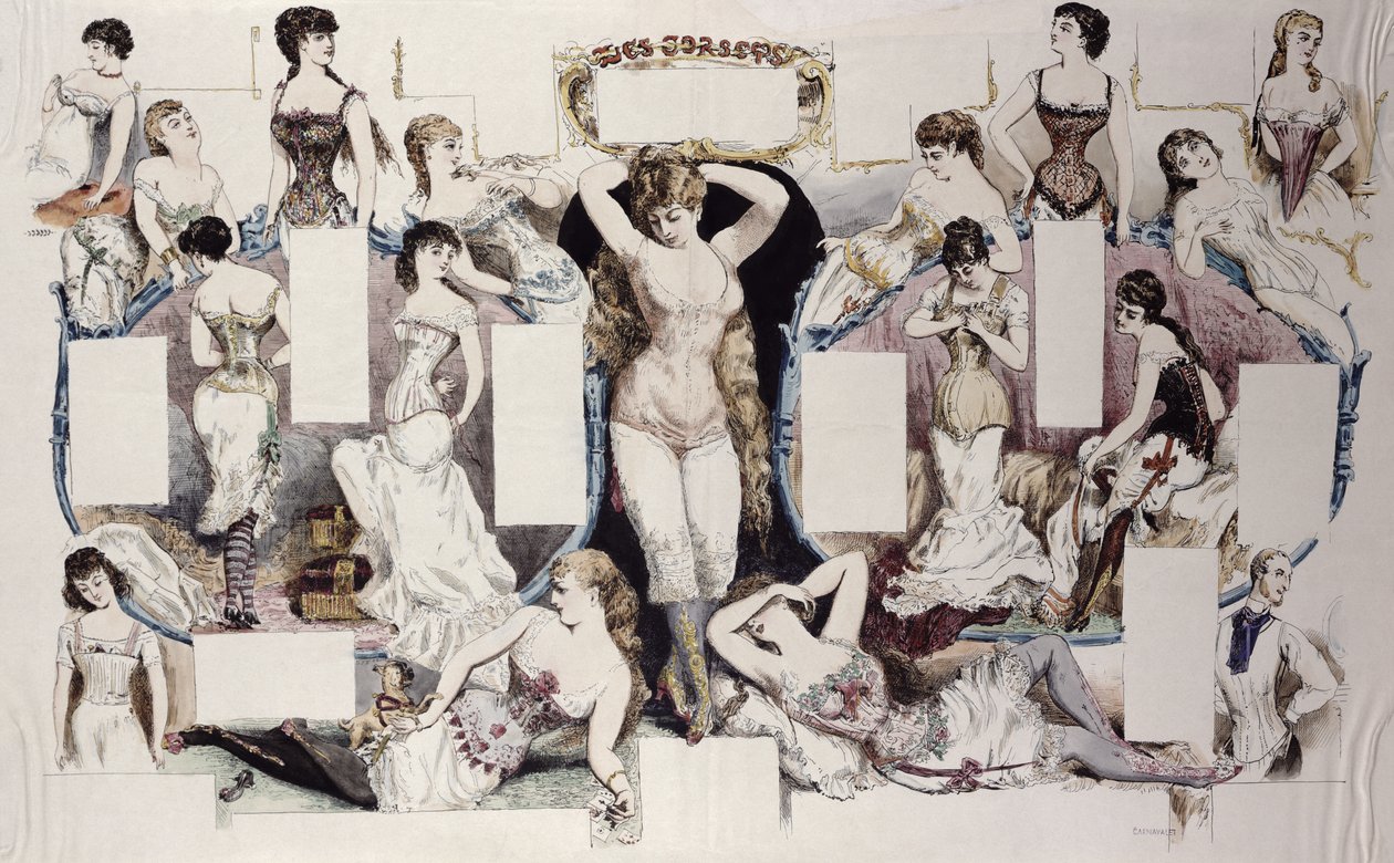 Ilustrações de layout para um artigo sobre roupas íntimas femininas, de La Vie Parisienne, c.1870 de French School
