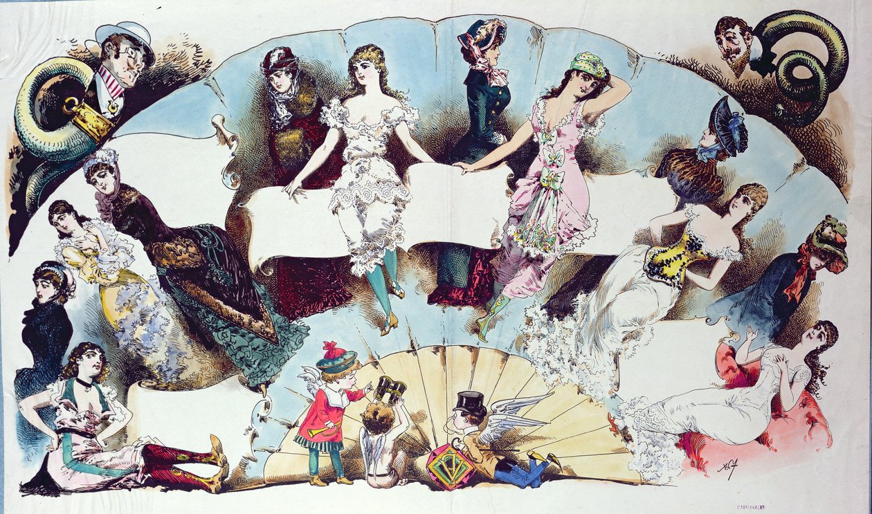 Ilustrações de layout para um artigo sobre roupas íntimas femininas, de La Vie Parisienne, c.1870 de French School