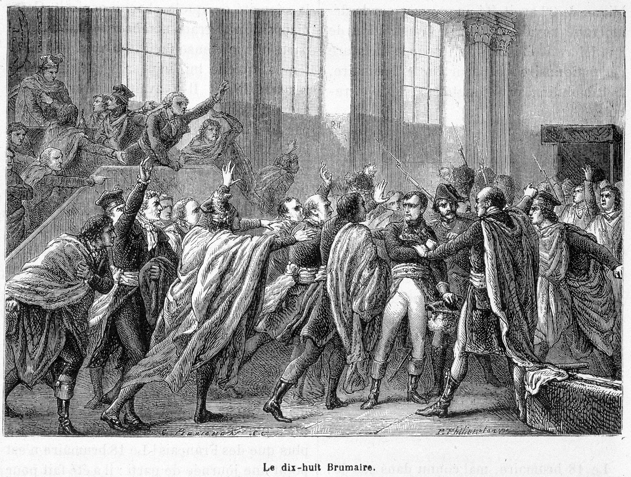 18 Brumaire ano 8: o golpe de Estado de Napoleão em Saint-Cloud no Conseil des Cinq-Cents (Five Hundred) (salle des 500) - em "La France Populaire de French School