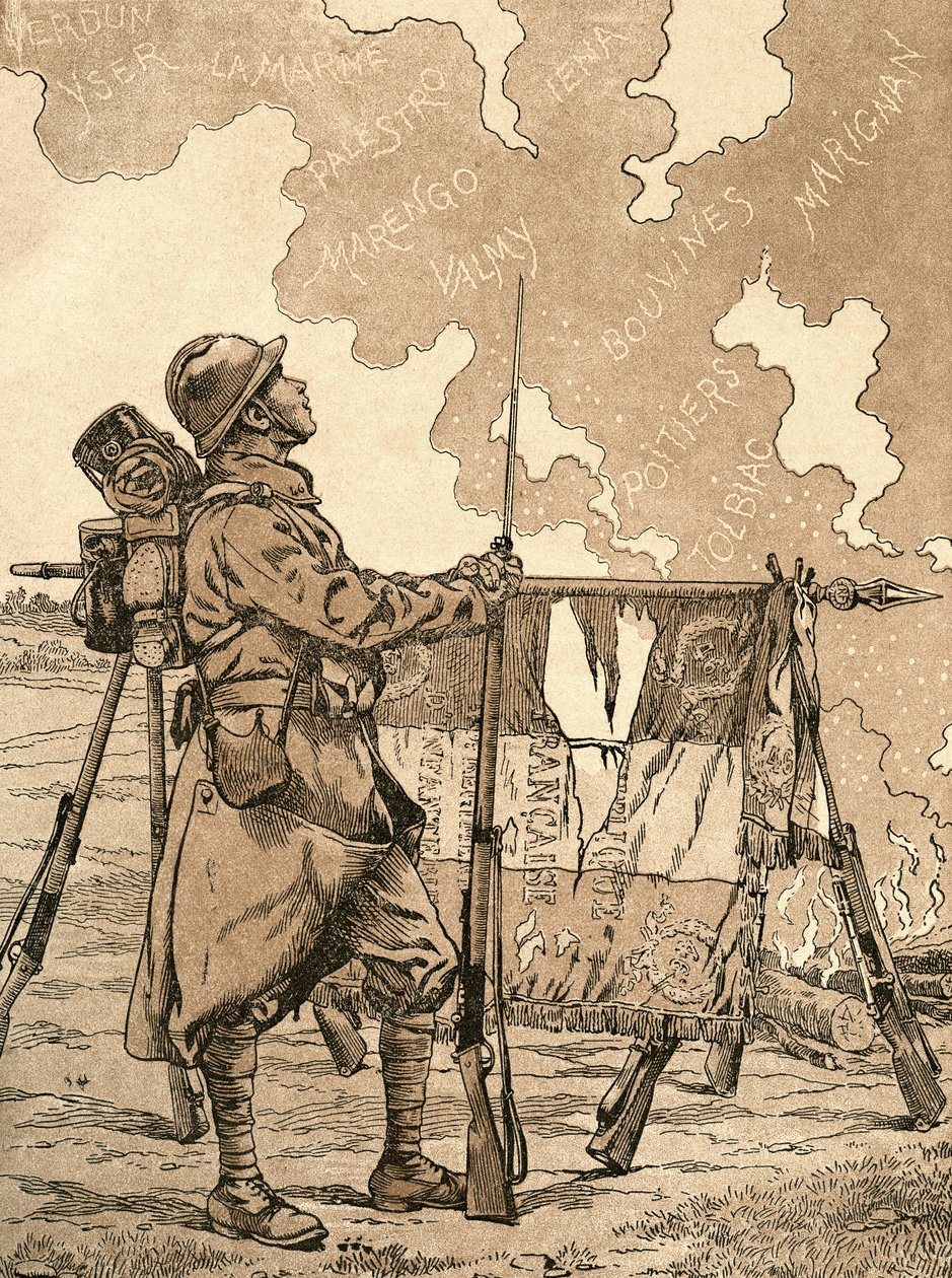 Le Bleuet. Símbolo da memória e da solidariedade em França, para os veteranos e as vítimas da primeira guerra mundial. Ilustração da propaganda francesa da 1ª Guerra Mundial que evoca as vitórias francesas ao longo dos tempos. Da Agenda Buvard du Bon March de French School