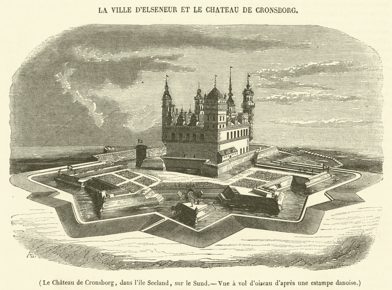 O castelo de Cronsborg, na ilha de Seeland, no Sund, vista aérea (gravura) de French School