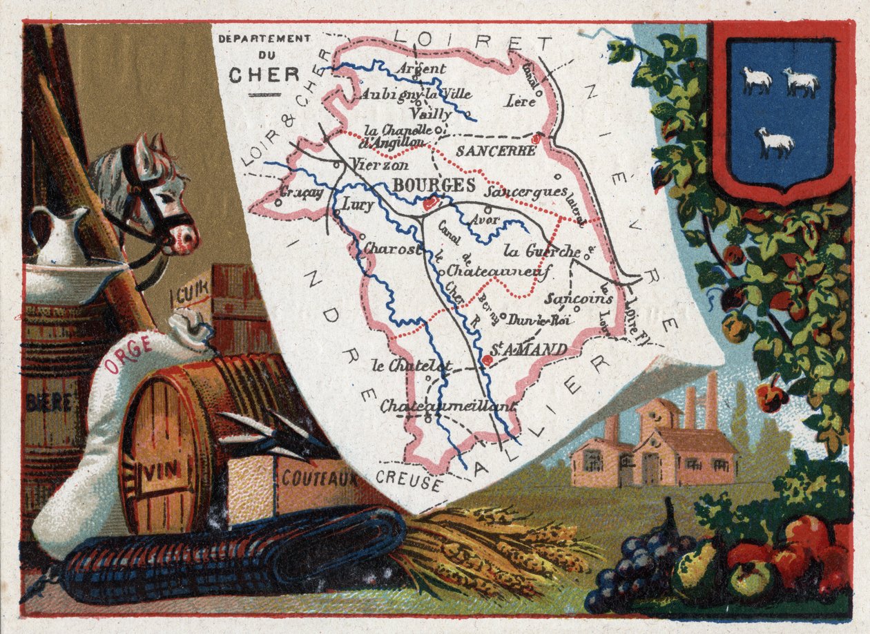 Le Cher (18), Centre, França. Série sobre os Departamentos franceses. Cerveja, cevada, couro, vinho e facas. Chromolitografia (Chromo) "o fio geográfico", cerca de 1920. Colecção privada. de French School