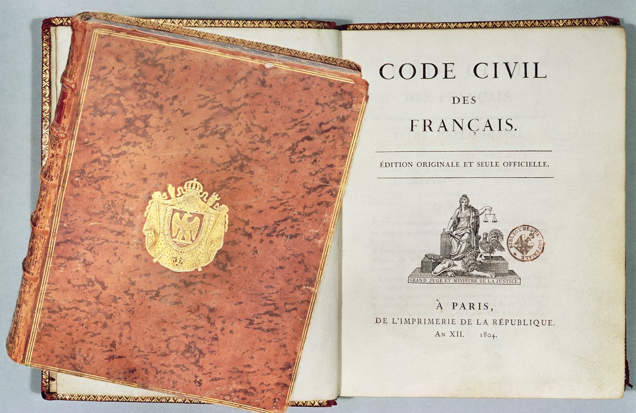 Le Código Civil dos Francais, mostrando a página de encadernação e título, primeira edição do pub. 1804 de French School