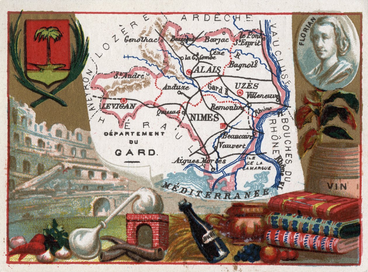 Le Gard (30), Languedoc-Roussillon (Languedoc Roussillon), França - Especialidade local: eau de vie (aparelho de destilação) e vinho - Retrato de Jean-Pierre-Claris (Jean Pierre Claris) de Florian (1755-1794) - Série Departamentos franceses - Chromoli de French School