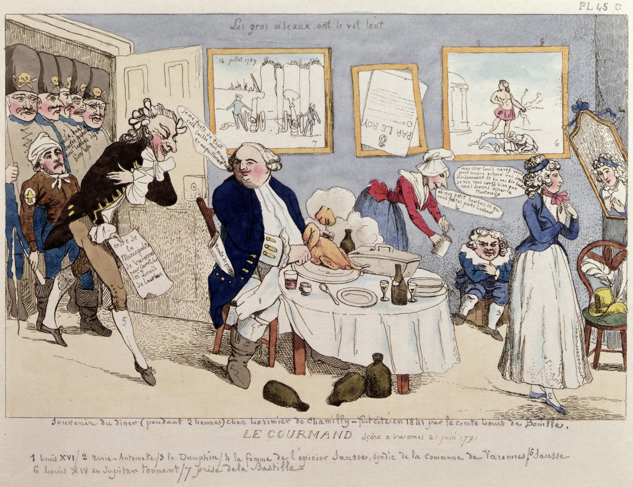 Le Gourmand, caricatura de Luís XVI (1754-93) e da família real francesa no momento de sua prisão em Varennes em 21 de junho de 1791 de French School