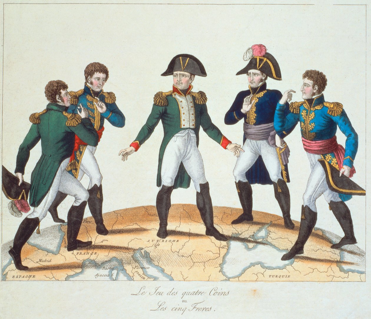 O jogo dos quatro cantos ou Os cinco irmãos, Bonapartist cartoon representando Napoleão e seus irmãos, 1808 de French School
