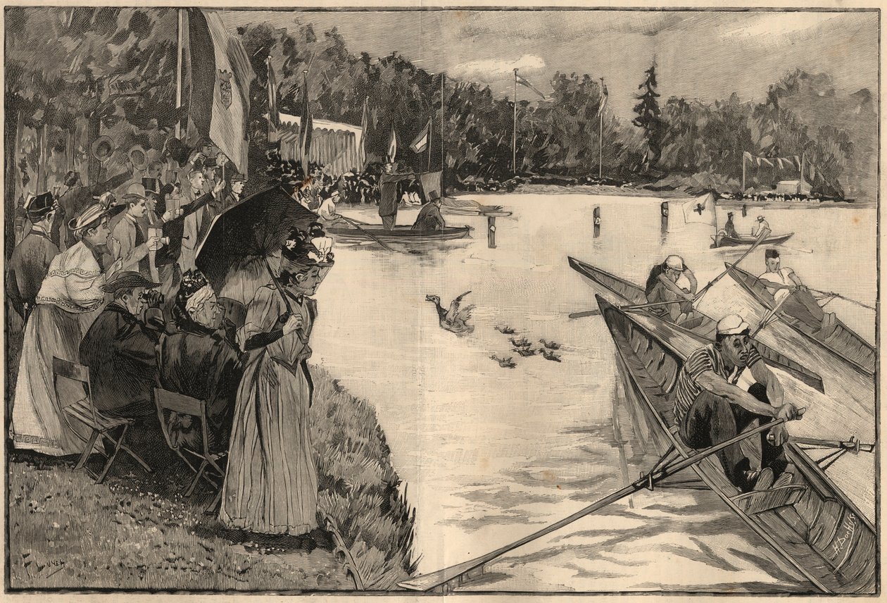 Le Lendit de Paris: escola regata na Grand lac du bois de Boulogne - Gravura de 1894, após o desenho do Sr. Lunel de French School