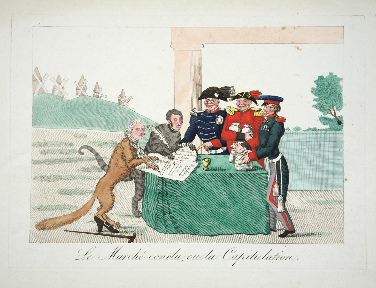 A Marcha Concluída, ou a Capitulação, pub. 1814 (gravura colorida à mão) de French School