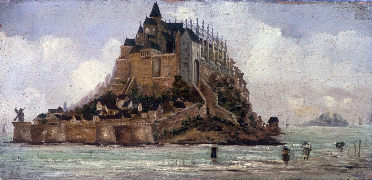 Le Mont Saint-Michel um maree baixo - óleo sobre painel, anónimo de French School