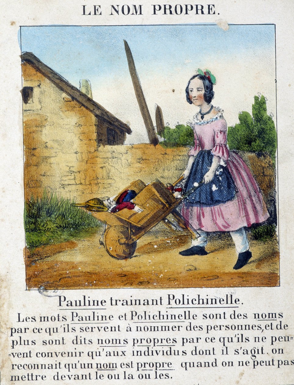 Le Nom Proper (uma menina carregando seus brinquedos) - em "La grammaire en images" (A gramática e imagens) de French School
