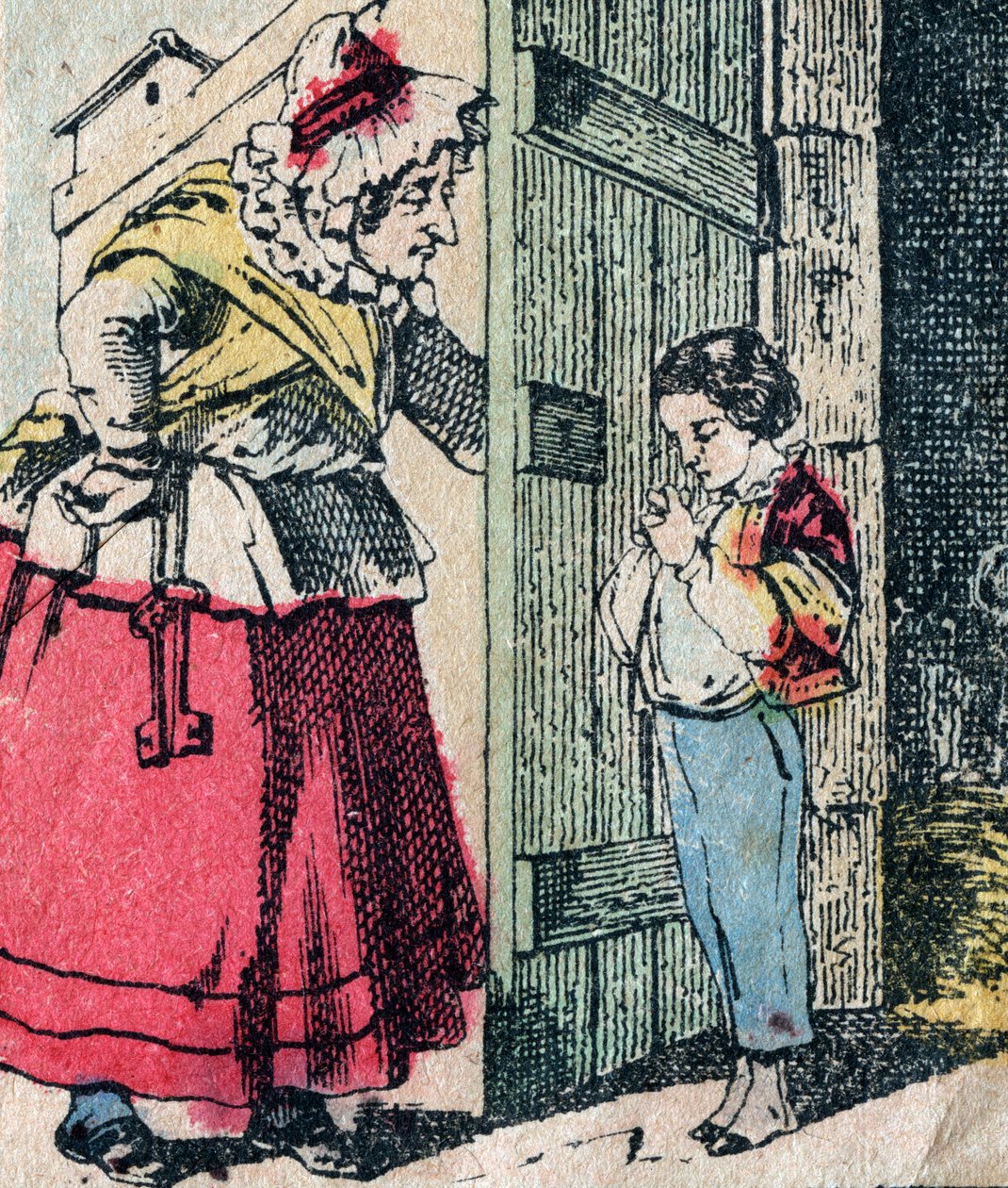 Le Pere Fouettard, personagem francês do pai chicoteador, figura lendária do folclore que castiga as crianças marotas: a sua mulher, La Mere Fouettard, a mãe chicoteadora, que entrega crianças arrependidas - Quadro epinal de French School