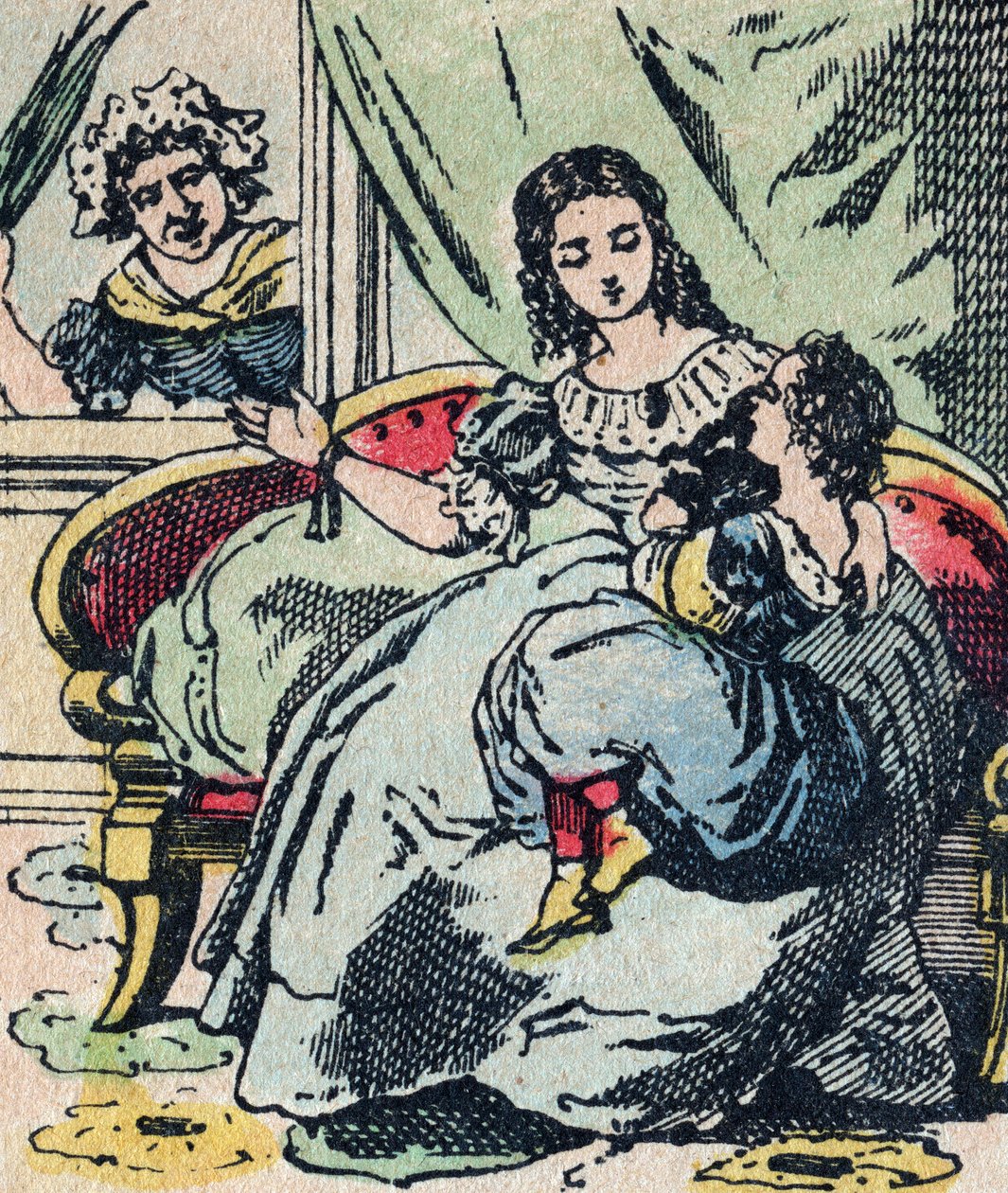 Le Pere Fouettard, personagem francês do pai chicoteador, figura lendária do folclore que castiga os filhos marotos: a sua mulher, La Mere Fouettard a mãe chicoteadora que não repreende os filhos sábios - Quadro epinal de French School