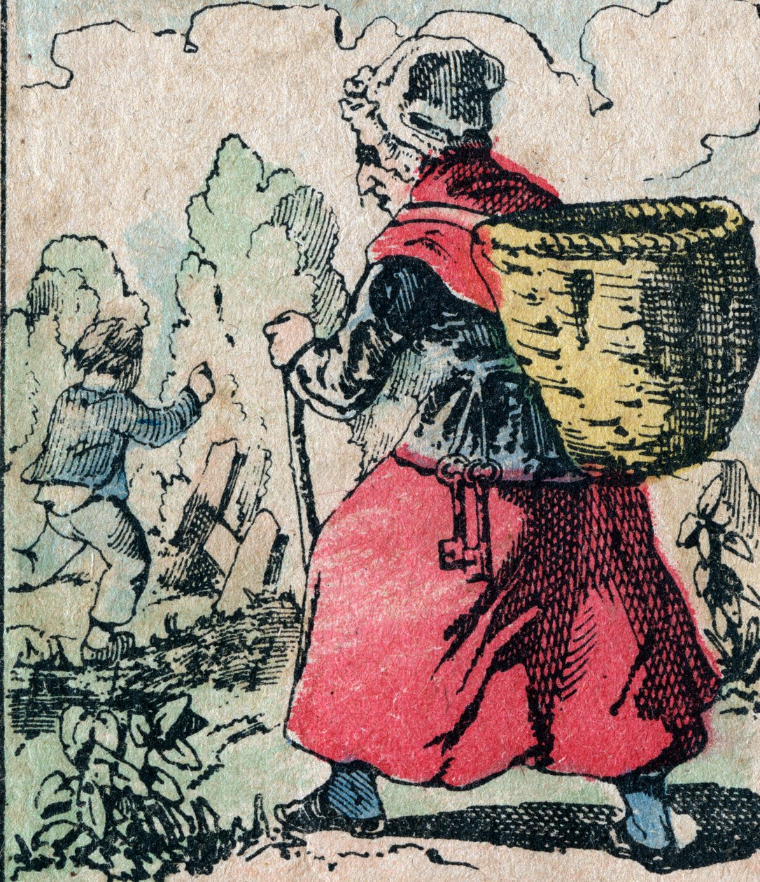 Le Pere Fouettard, personagem francês do pai chicoteador, figura lendária do folclore que castiga as crianças marotas: sua esposa, La Mere Fouettard, a mãe chicoteadora que persegue as crianças que faltam à escola - Quadro epinal de French School