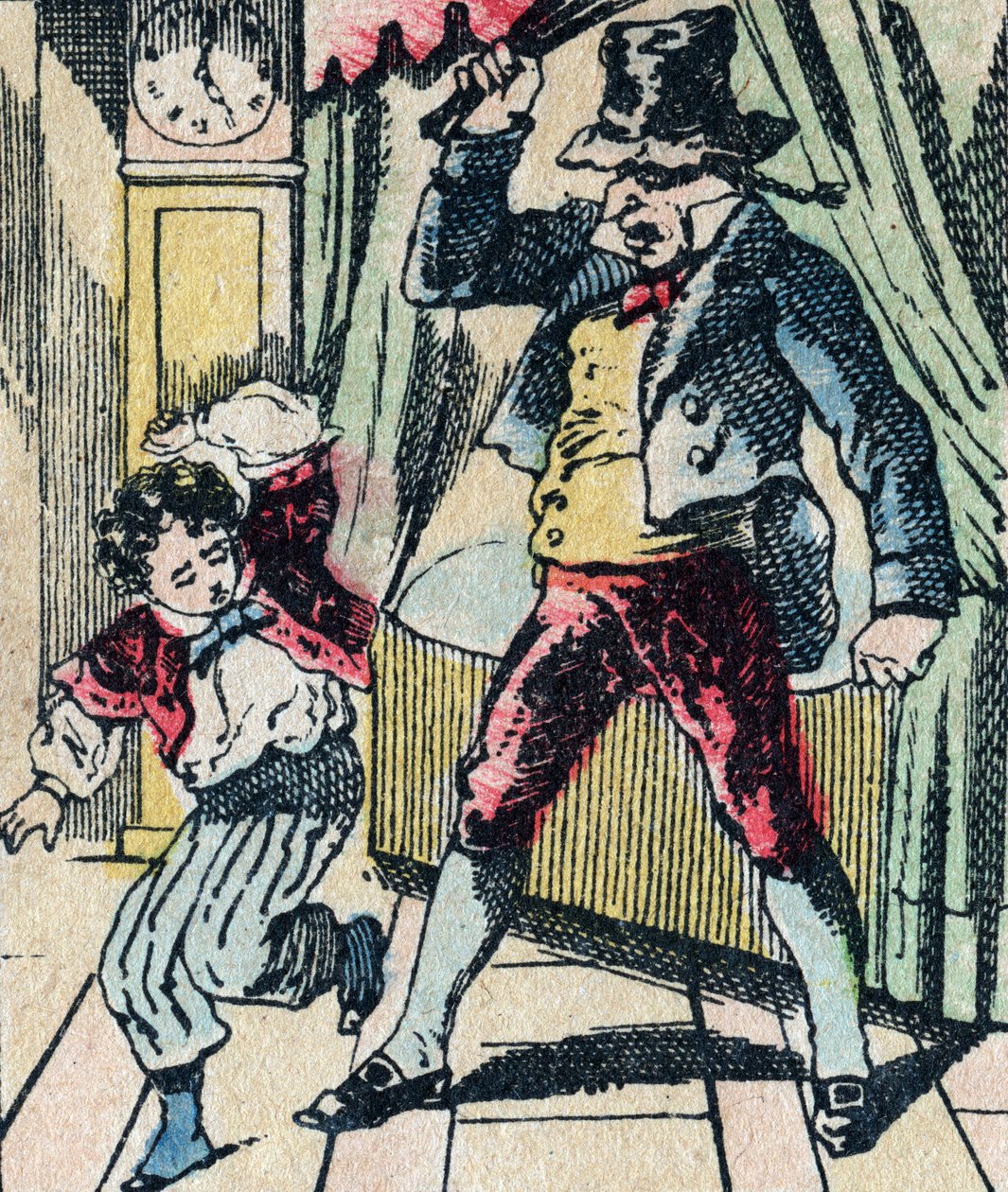 Le Pere Fouettard personagem lendário do folclore, castigando crianças insensatas com o seu chicote e enclausurando crianças desobedientes, imagem de Epinal de French School