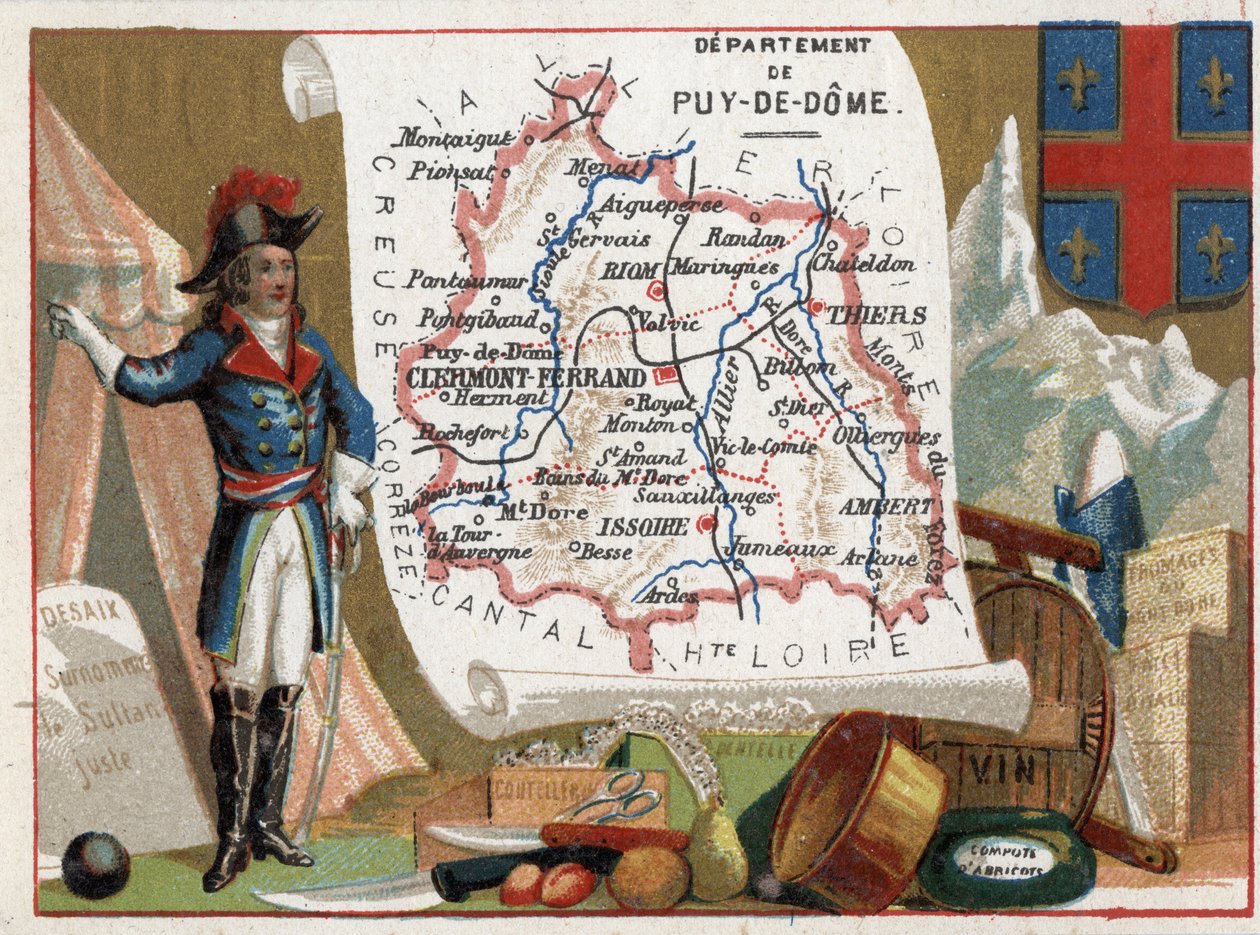 Le Puy Du Dome (Puy-Du-Dome, 63), Auvergne, França. Retrato de Louis Charles Antoine Desaix (1768-1800), talheres, vinho, compota de damasco. Série sobre os Departamentos franceses. Chromolitografia (Chromo) "o fio geográfico", cerca de 1920. Coleção priva de French School