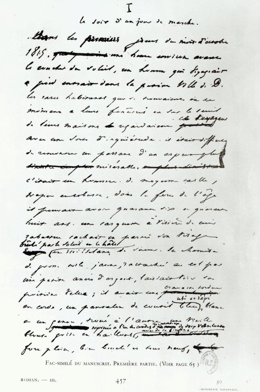 &39;A Noite do Dia de Março&39;, fac-símile de uma página do manuscrito &39;Os Miseráveis&39; de Victor Hugo (1802-85) (caneta e tinta no papel) de French School