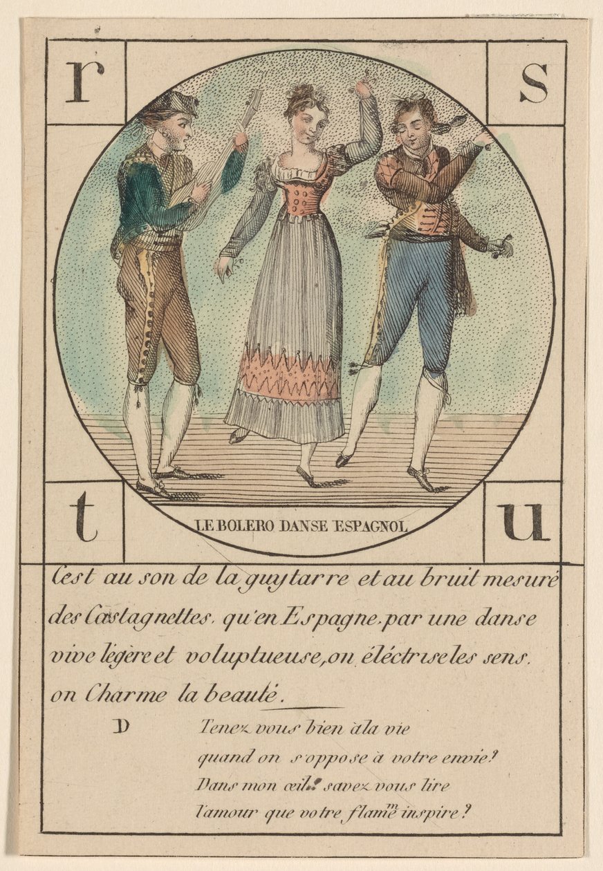 "O bolero, dança espanhola", de uma série de cartões do alfabeto, c.1810-19 de French School
