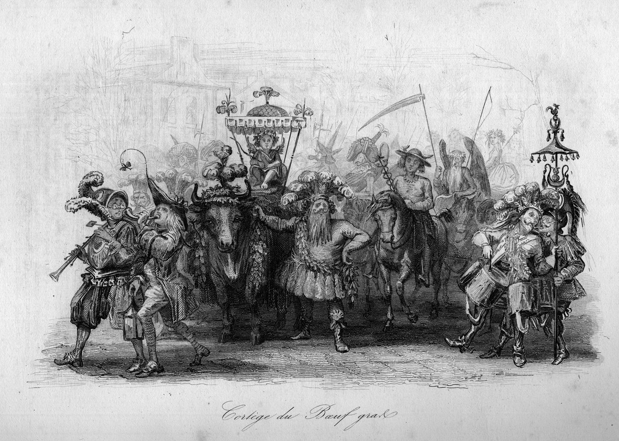 Le cortege du boeuf gras (Le carnaval" de Marc-Antoine Madeleine Desaugiers) em "- CHANS et CHANS POPULES DE LA FRANCE - 1843 - H.- L. DELLOYE, editora, LIBRAIRIE DE GARNIER. de French School
