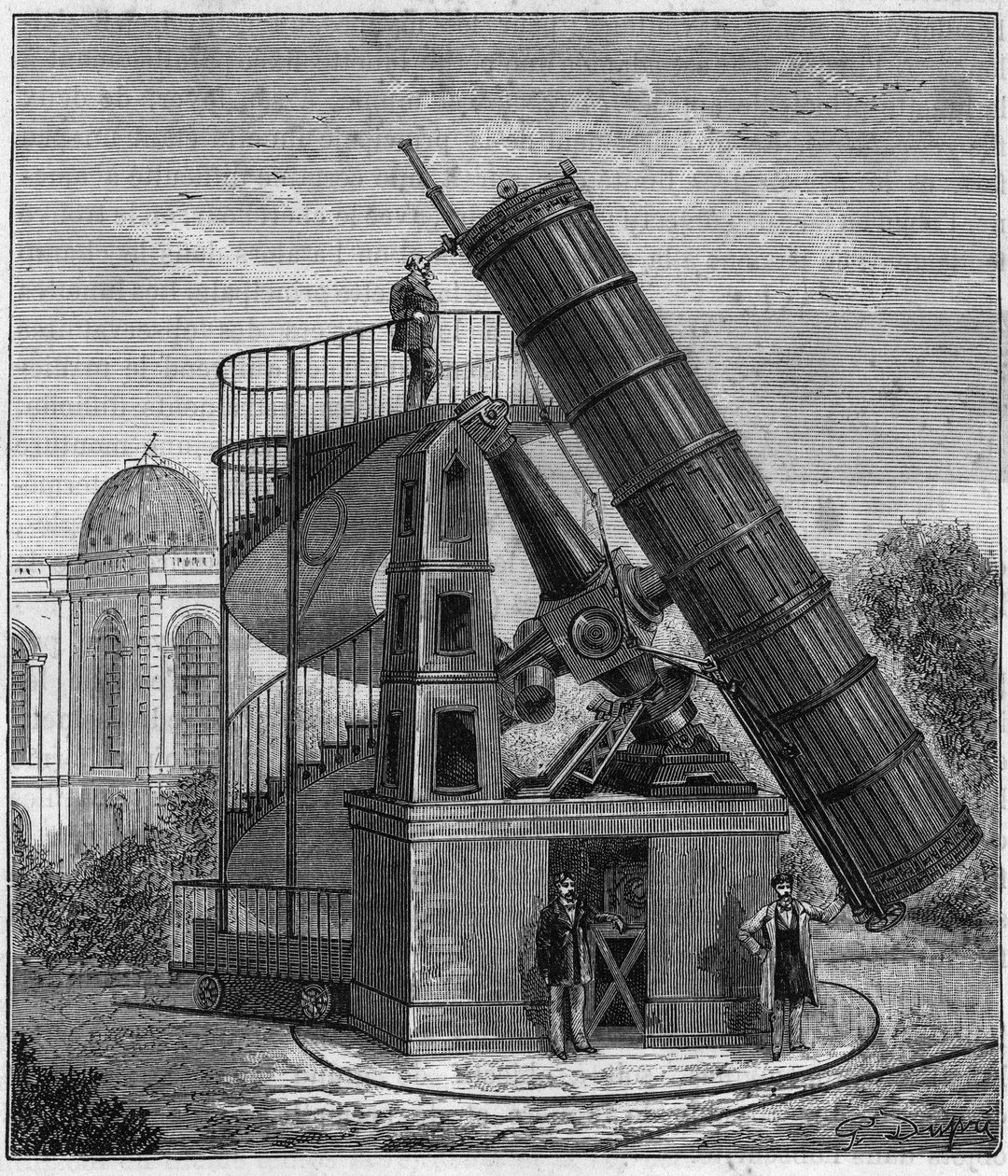 O grande telescópio do oservatoire de Paris no século XIX - Gravura em "Sciences à la potee de tous - physique et chimie populaires" de Alexis Clerc - Final do século XIX. Colecção privada. de French School