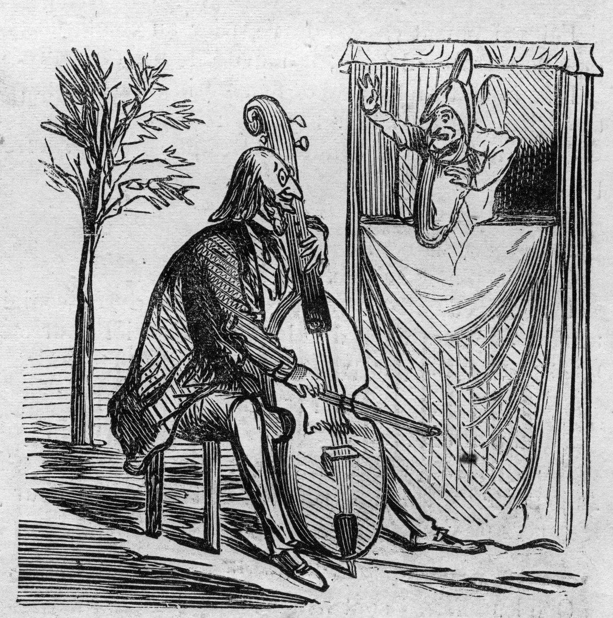 O maestro Offenbach monopoliza com a sua música todos os teatros de Paris. O compositor alemão-francês Jacques Offenbach (1819-1880) tocando violoncelo. Caricatura de Cham. Gravura em "Le Monde Illustre" n°499 de 3 de Novembro de 1866. de French School