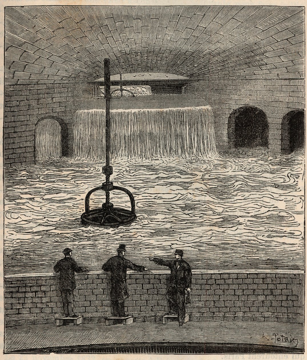 Le reservoir de Montsouris (reservatório de la Vanne), um dos cinco principais reservatórios de água de Paris - Gravura em "Sciences brought to the grateboard of all - physics and chemistry" de Alexis Clerc - Final do século XIX - Colecção privada de French School