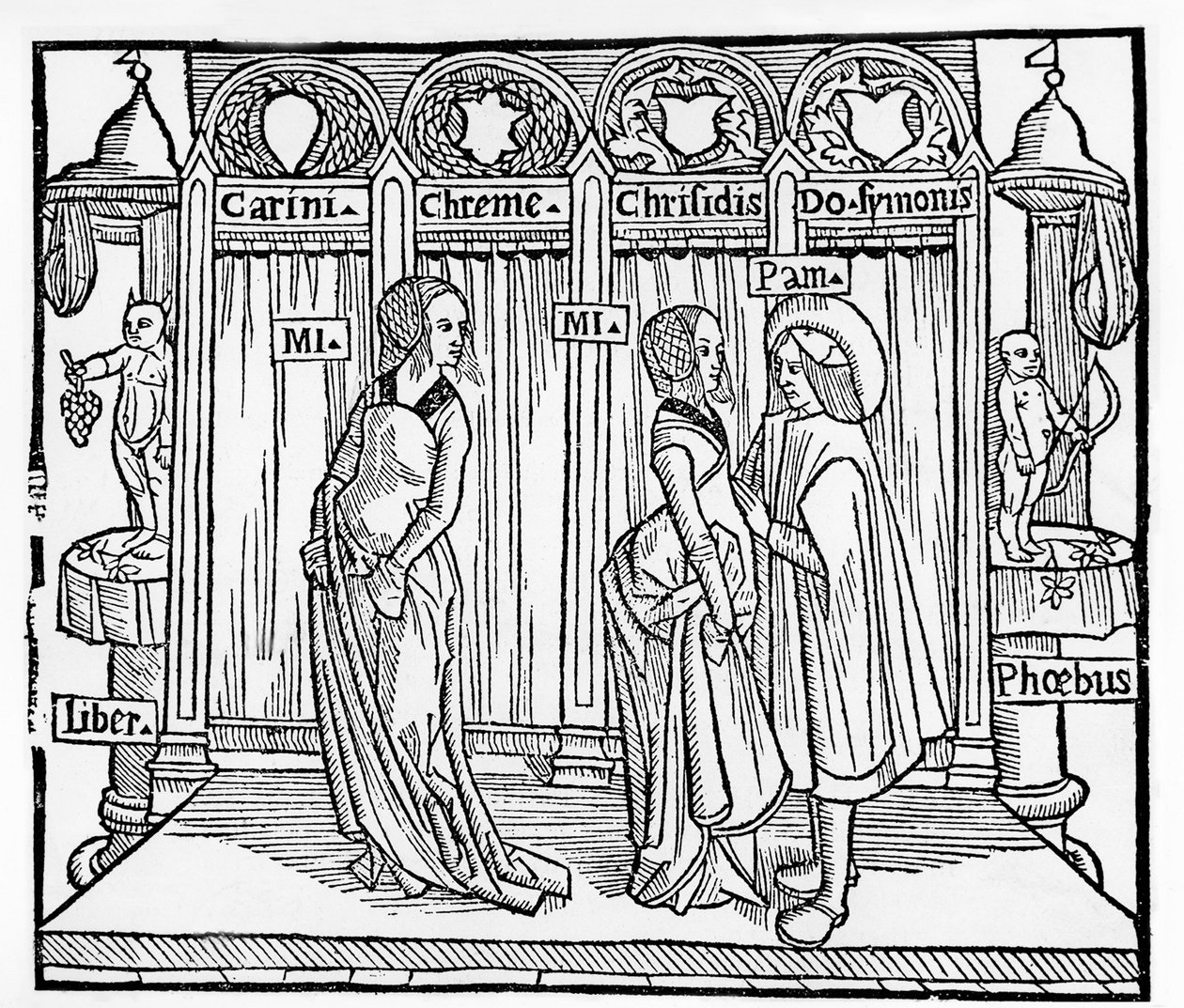 Teatro na Idade Média: três personagens em palco - gravura de Terence de Jean Trechsel, ed. em Lyon de French School