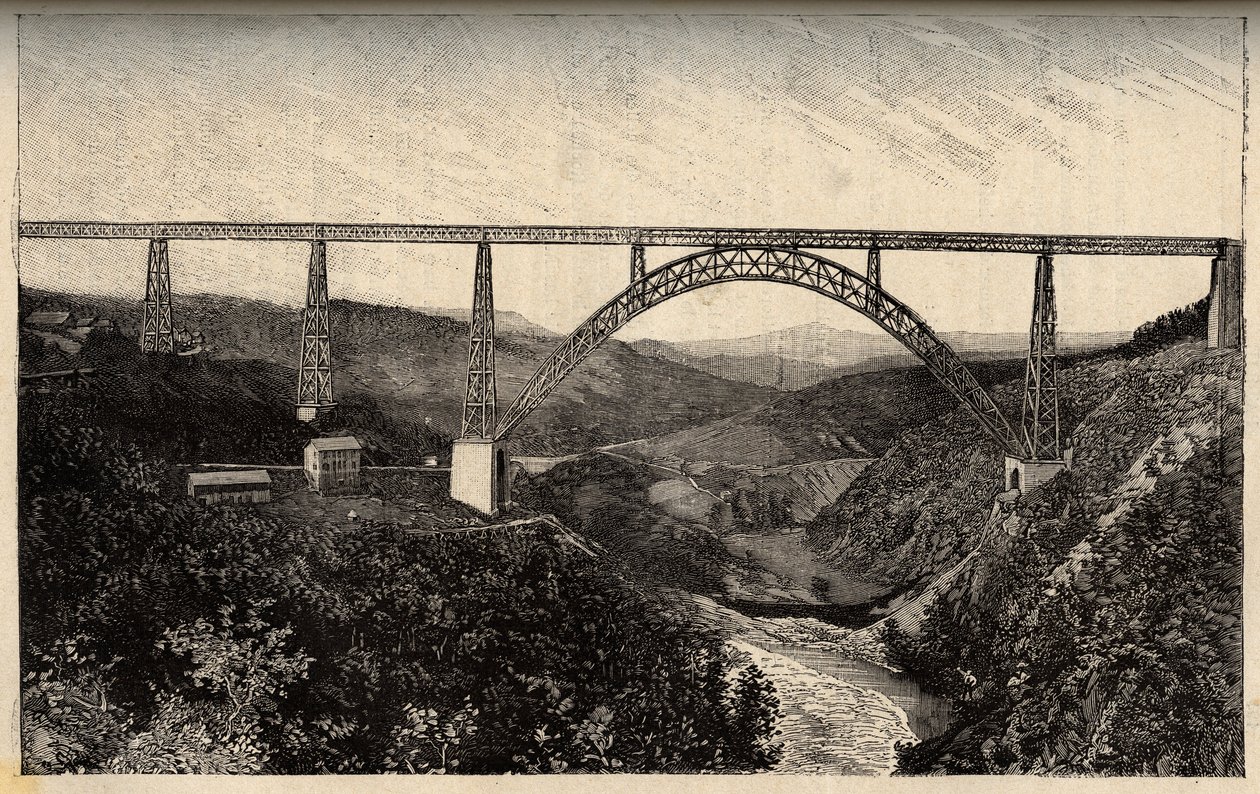 Le viaduct de Garabit - Cantal - Auvergne-Rhone-Alpes - gravura em "PATRIE" - DESCRIPTION PACUREQUIREQUE DE LA FRANCE EN 6 VOLUES BY LUCIEN HUARD - final do século XIX de French School