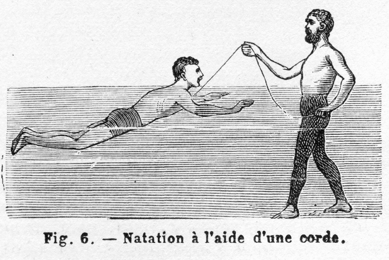 Aprendendo a nadar usando uma corda, pub. Gravura de 1885, 1885. de French School