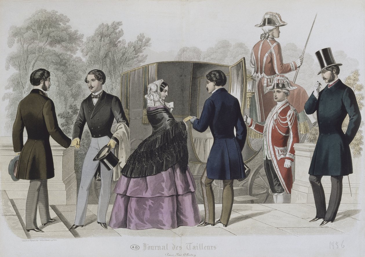 Deixando para um passeio em um táxi, ilustração do Le Journal des Tailleurs, 1856 (gravura de cor) de French School