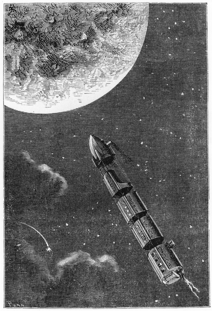 Deixando para a Lua, ilustração de Da Terra à Lua por Jules Verne (1828-1905) Paris, Hetzel, publicado em 1865 de French School