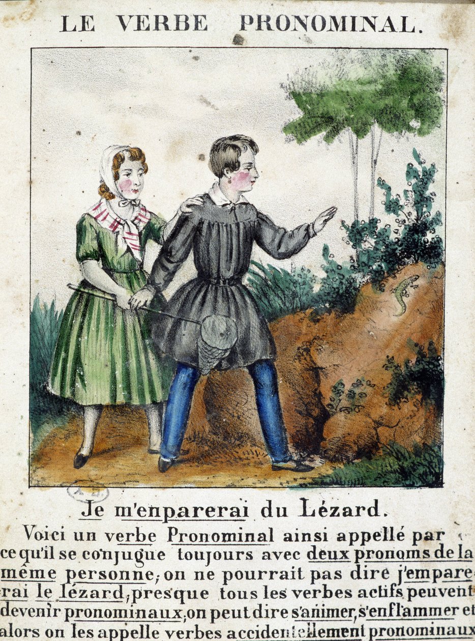 Lecon nos verbos pronominais. Em "La grammaire en images", álbum de folhetos, cerca de 1850. de French School
