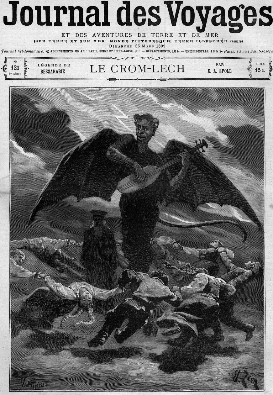 Lenda da Bessarábia (Europa Oriental): Crom Lech (Crom-Lech). Satanás, tocando balalaika, treina dançarinos para uma rodada sem fim. Gravura no "Journal des Voyages" de 26 de Março de 1899. de French School