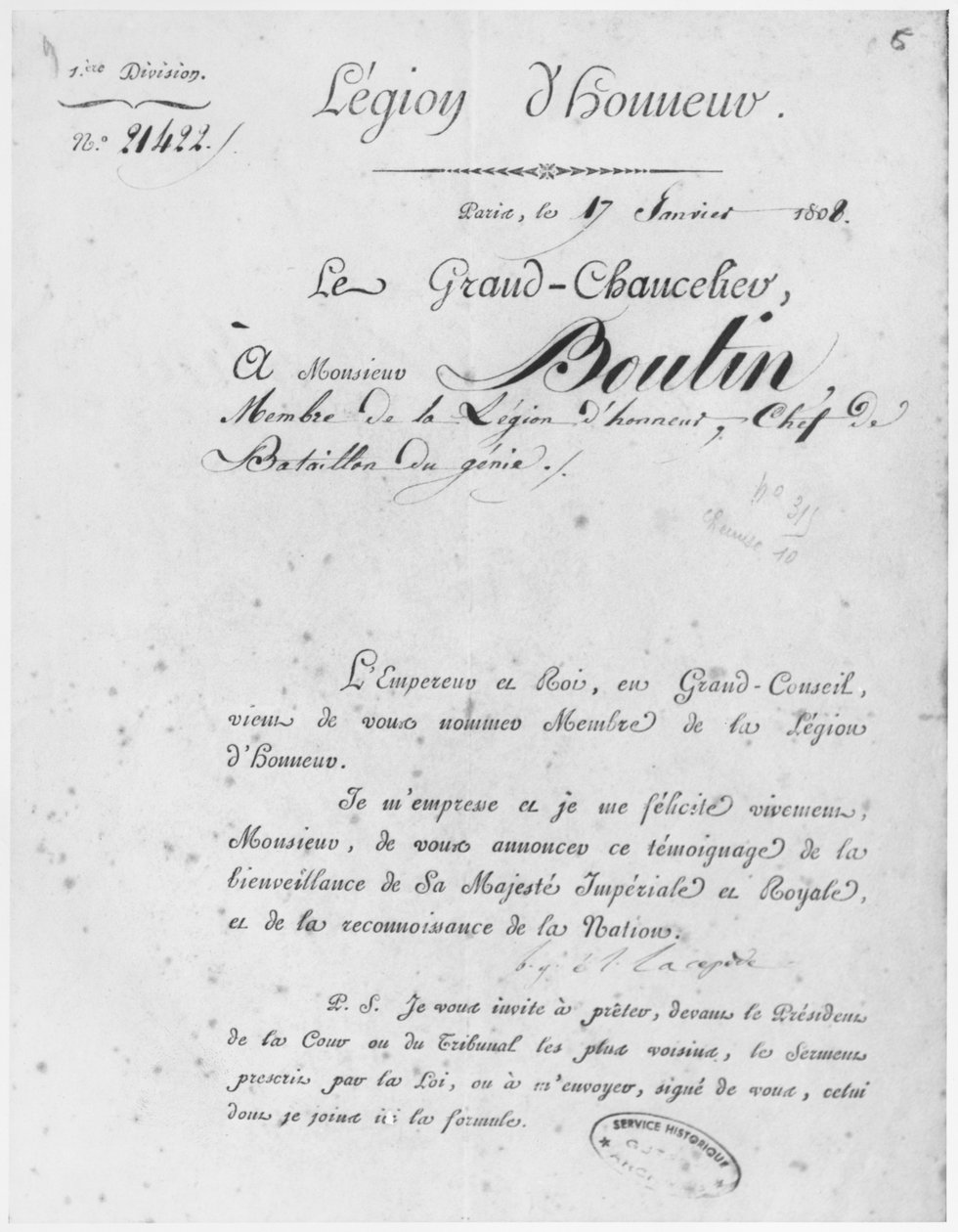 Legião de Honra dada ao Coronel du Genie Boutin, 17 de janeiro de 1808 de French School