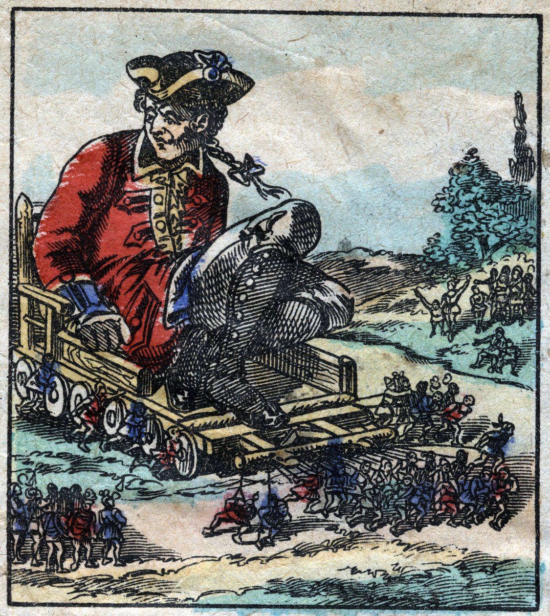 Lemuel Gulliver, um prisioneiro é transportado numa carroça puxada pelos Lilliputianos. Ilustração para "Gulliver