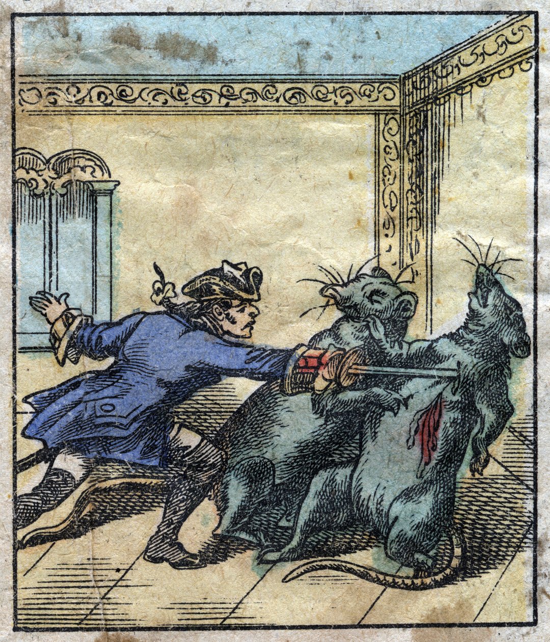 Lemuel Gulliver luta com ratos na terra dos gigantes de Brobdingnag. Ilustração para "Gulliver