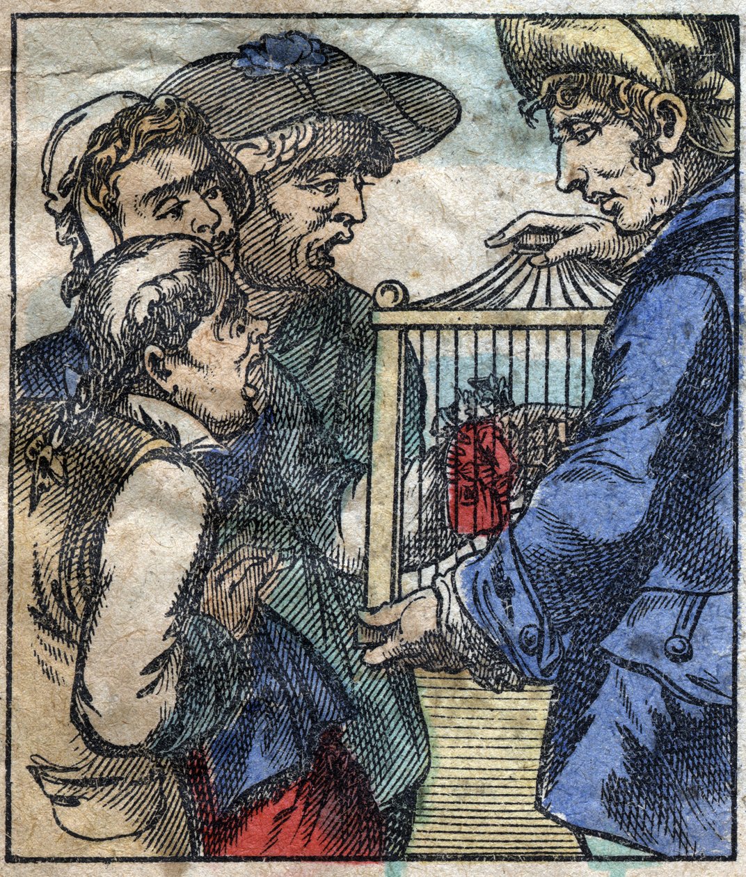 Lemuel Gulliver, numa gaiola é mostrado aos gigantes de Brobdingnag. Ilustração para "Gulliver