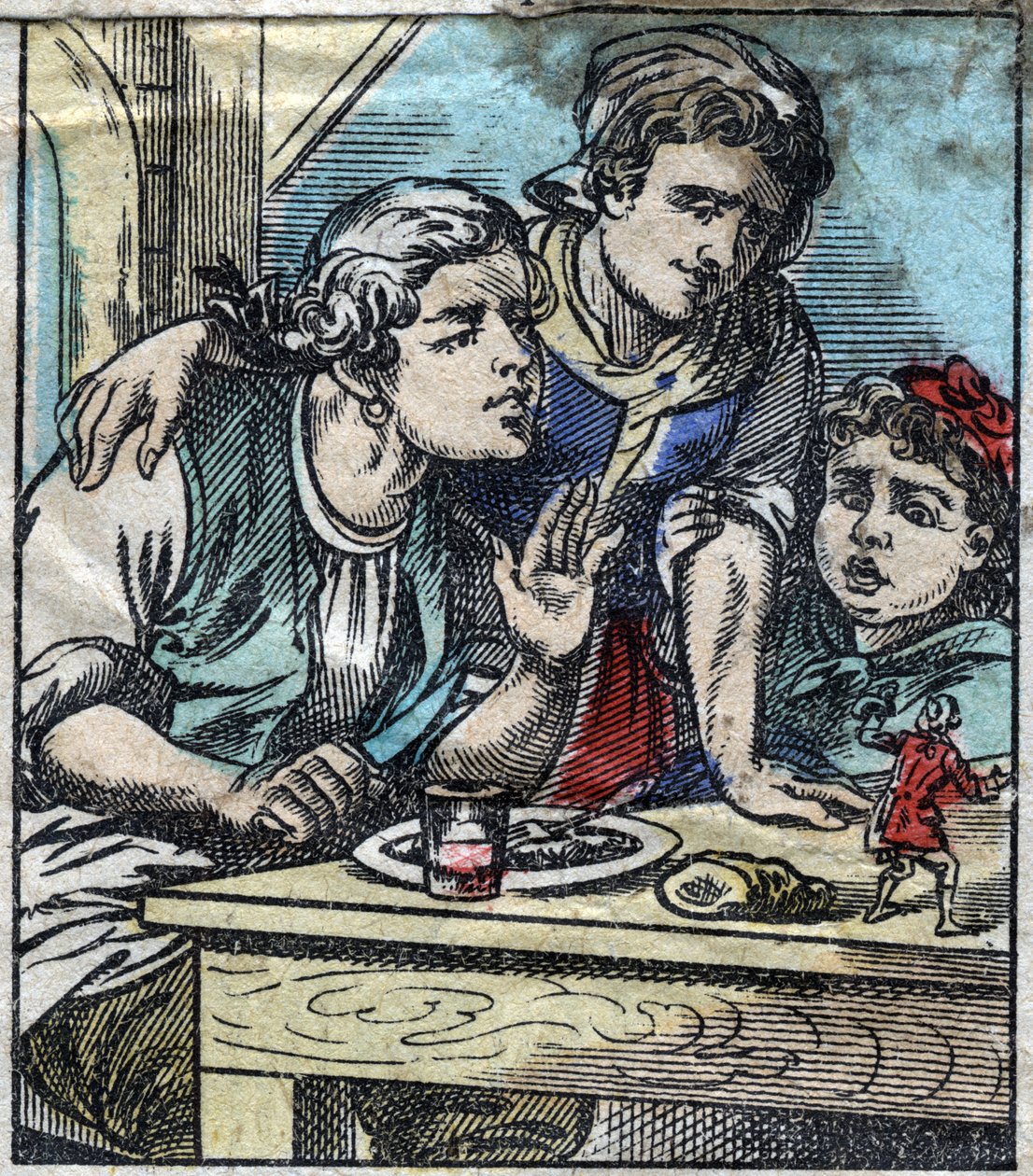 Lemuel Gulliver sobre a mesa da família Glumdalclitch, na terra dos gigantes de Brobdingnag. Ilustração para "Gulliver