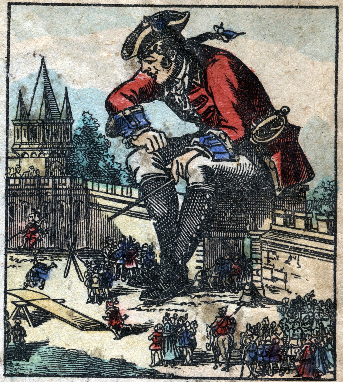 Lemuel Gulliver sentado na muralha de fortificação da cidade explica a estratégia para o exército liliputiano. Ilustração para "Gulliver
