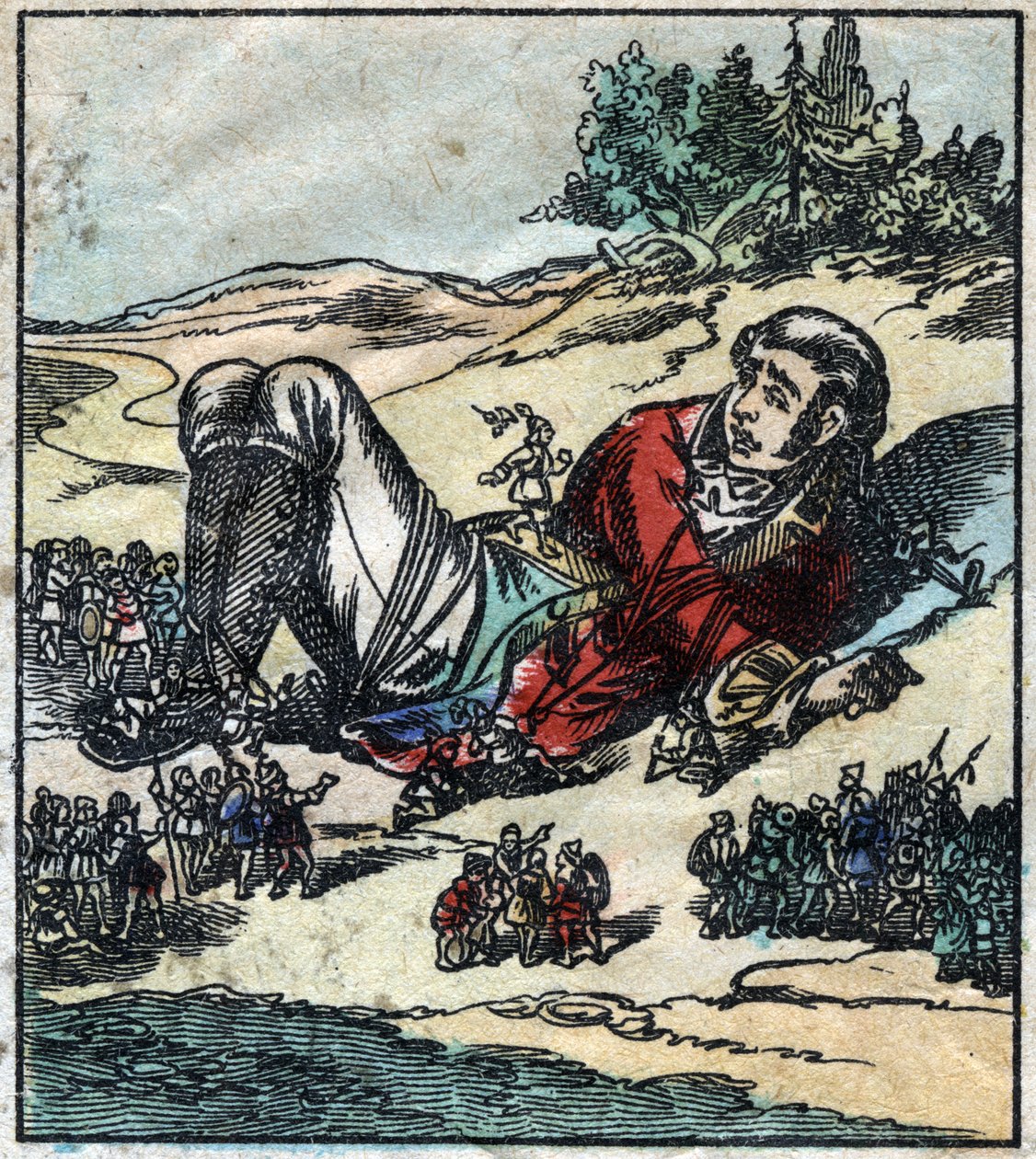 Lemuel Gulliver acordou depois do seu naufrágio e foi feito prisioneiro pelos Lilliputianos. Ilustração para "Gulliver